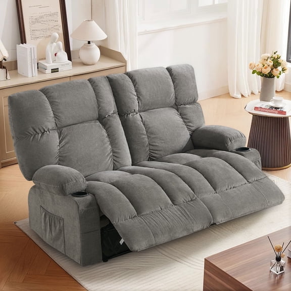 JONPONY Reclining Loveseat with Cup Holders for Living Room 2 Seat Manual Loveseat Recliner with Side Pocket,Grey