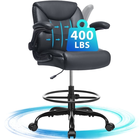 JONPONY Tall Office Chair for Standing Desk, Ergonomic High Leather Executive Office Chair with Flip-up Armrest,and Adjustable Foot Ring for Counter Height Desk,Black