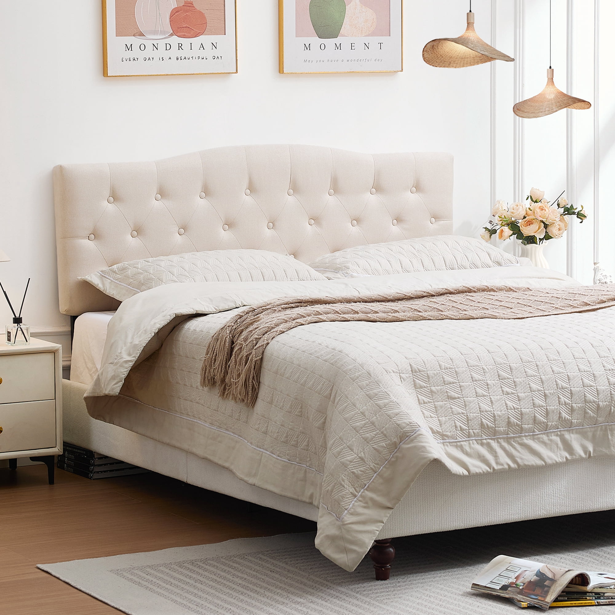 JONPONY Tufted Upholstered Headboard Queen Size, Solid Wood Head Board with Durable Metal Legs, Adjustable Height Head Board, Beige