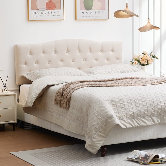JONPONY Tufted Upholstered Headboard Queen Size, Solid Wood Head Board with Durable Metal Legs, Adjustable Height Head Board, Beige