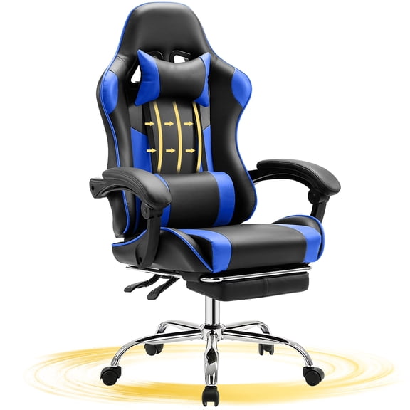 JONPONY Big and Tall Gaming Chair, Ergonomic PU Leather Chair with Footrest and Lumbar Support, High Back Computer Game Chair for 8 Hours Comfort, Black Blue