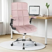 JONPONY Velvet Office Chairs with Flip up Armrests, Comfy Fabric Home Office Desk Chair with Wheels, Height Adjustable 360° Swivel Rocking Ergonomic Executive Chairs, Pink
