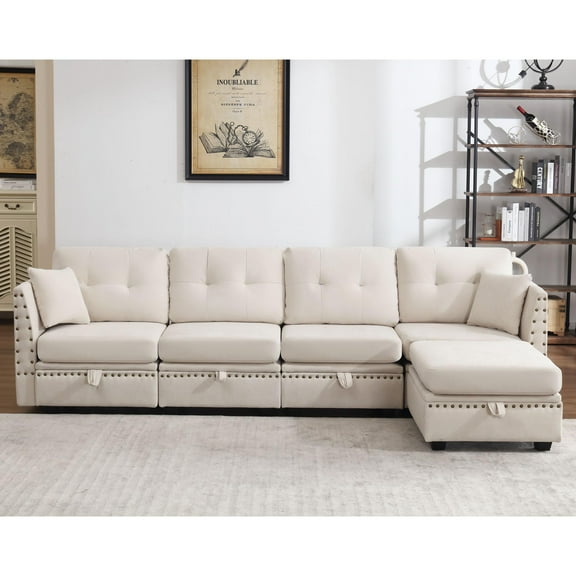 JONPONY Vintage Modular Sectional Sofa, Convertible U Shaped Sofa Couch with Storage, Memory Foam,Copper Nail Modular Sectionals with Ottomans 5 Seat Sofa Couch with Chaise for Living Room,Beige