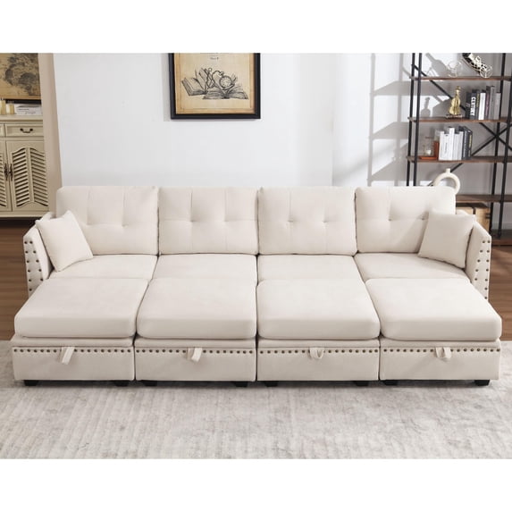 JONPONY Vintage Modular Sectional Sofa Sleeper Couch Set Convertible Sleeper Sofa Bed with Storage, Vintage Copper Nail Modular Sectionals with Ottomans 8 Seat Sofa Couch for Living Room,Beige