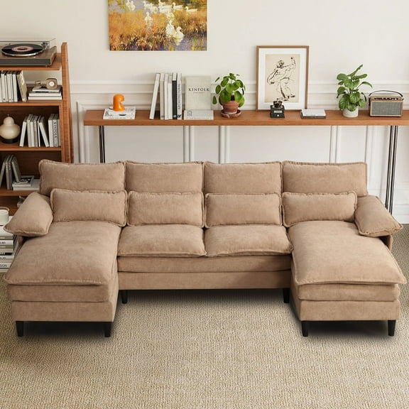 JONPONY107.5" Modular Sectional Sofa with Double Cushion Sleeper Chaise,Modern Terry Cloth Fbric sofa with Waist Pillows for Apartment,Small space,Brown