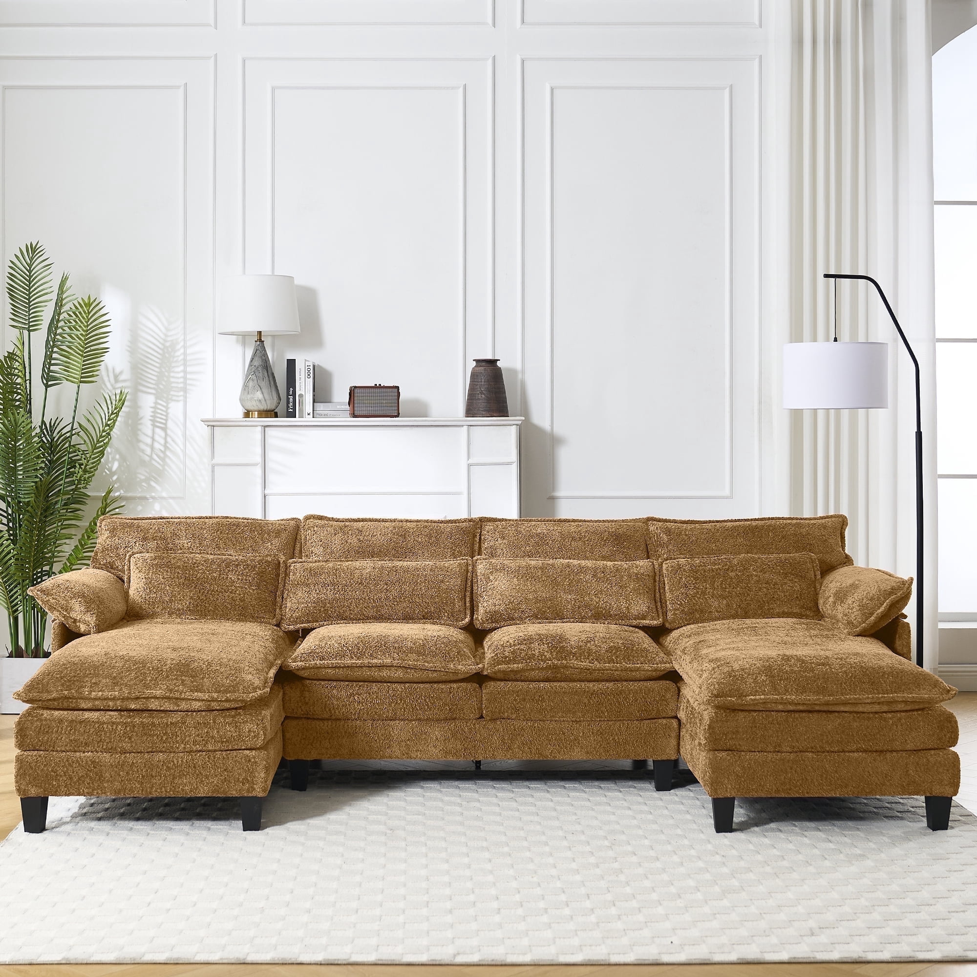 JONPONY109.45"U Shaped Couch,4 Seat Sectional with 4 Waist Pillows, Convertible Upholstery Symmetrical Sofá,Sleeper Sofa Couch with Double Chaise Lounge&Memory Foam for Living Room,Brownish yellow