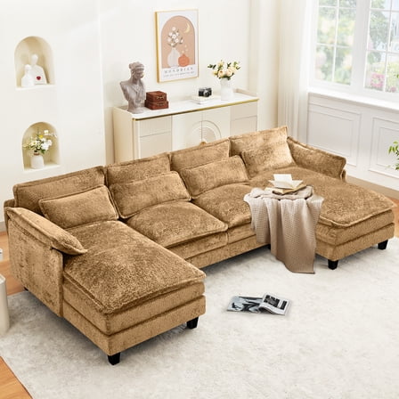 JONPONY109.54" Modular Sectional Sofa with Double Cushion Sleeper Chaise,Modern Oversized Comfy Boucle Couch with Waist Pillows for Living Room,Brownish Yellow