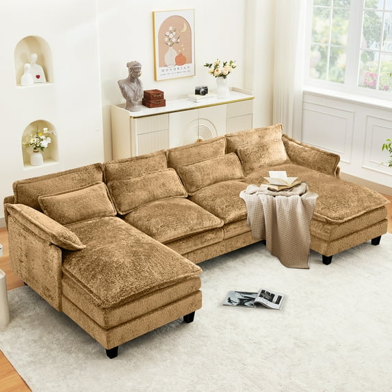 JONPONY109.54" Modular Sectional Sofa with Double Cushion Sleeper Chaise,Modern Oversized Comfy Boucle Couch with Waist Pillows for Living Room,Brownish Yellow