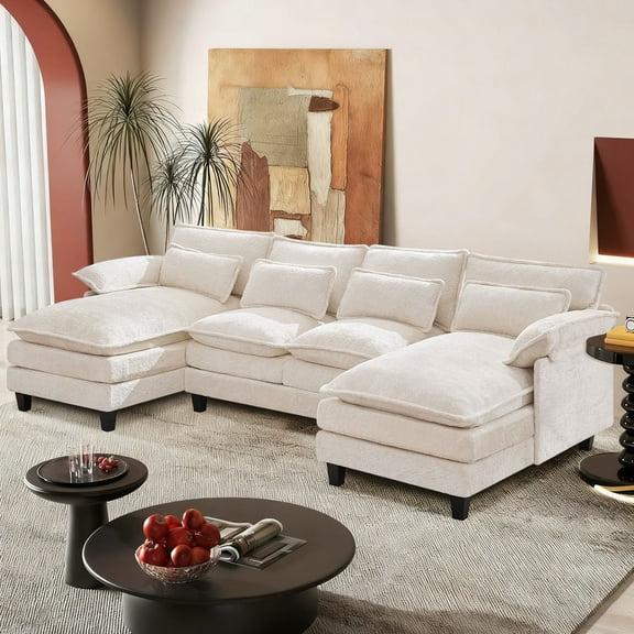 JONPONY109.45" Modular Sectional Sofa with Double Cushion Sleeper Chaise,Modern Comfy Boucle Couch with Waist Pillows for Living Room,Beige