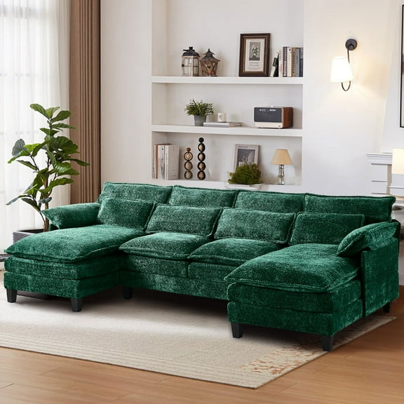 JONPONY 109.45" Modular Sectional Sofa with Double Cushion Sleeper Chaise,Modern Comfy Boucle Couch with Waist Pillows for Living Room,Green