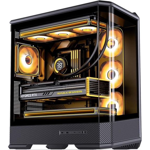 JONSBO D400 Black ATX Mid-Tower Pc Case,Three-Dimensional Beveled Curved Glass Design,Desktop Computer Case, Support BTF Motherboard/ATX Power supply/Dual360 AIO,10 Fan Positions,Black