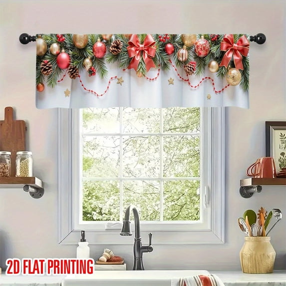 JOOCAR 2D Flat Printing Road Pocket Polyester Window Valance Curtain with Christmas Garland and Red Bow Design for Indoor Living Room Bedroom Kitchen Decoration 54x18 inch
