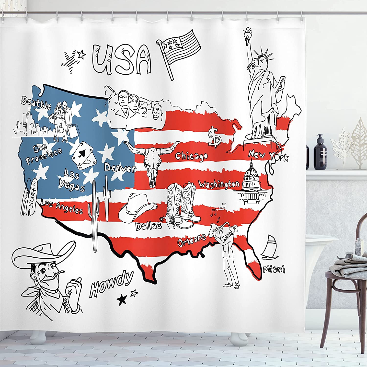 JOOCAR American Shower Curtain, USA Flag Hand Drawn All States Cultural ...