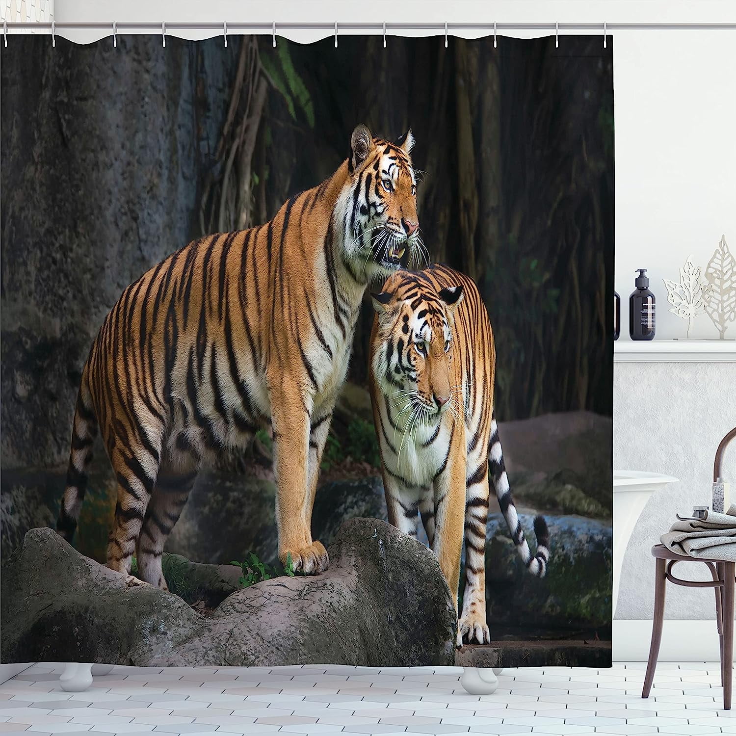 JOOCAR Animal Shower Curtain, Tiger Couple in The Jungle on Big Rocks Image  Wild Cats in Nature Image Print, Cloth Fabric Bathroom Decor Set with Hooks,  72x72 inch, Grey and Ginger 