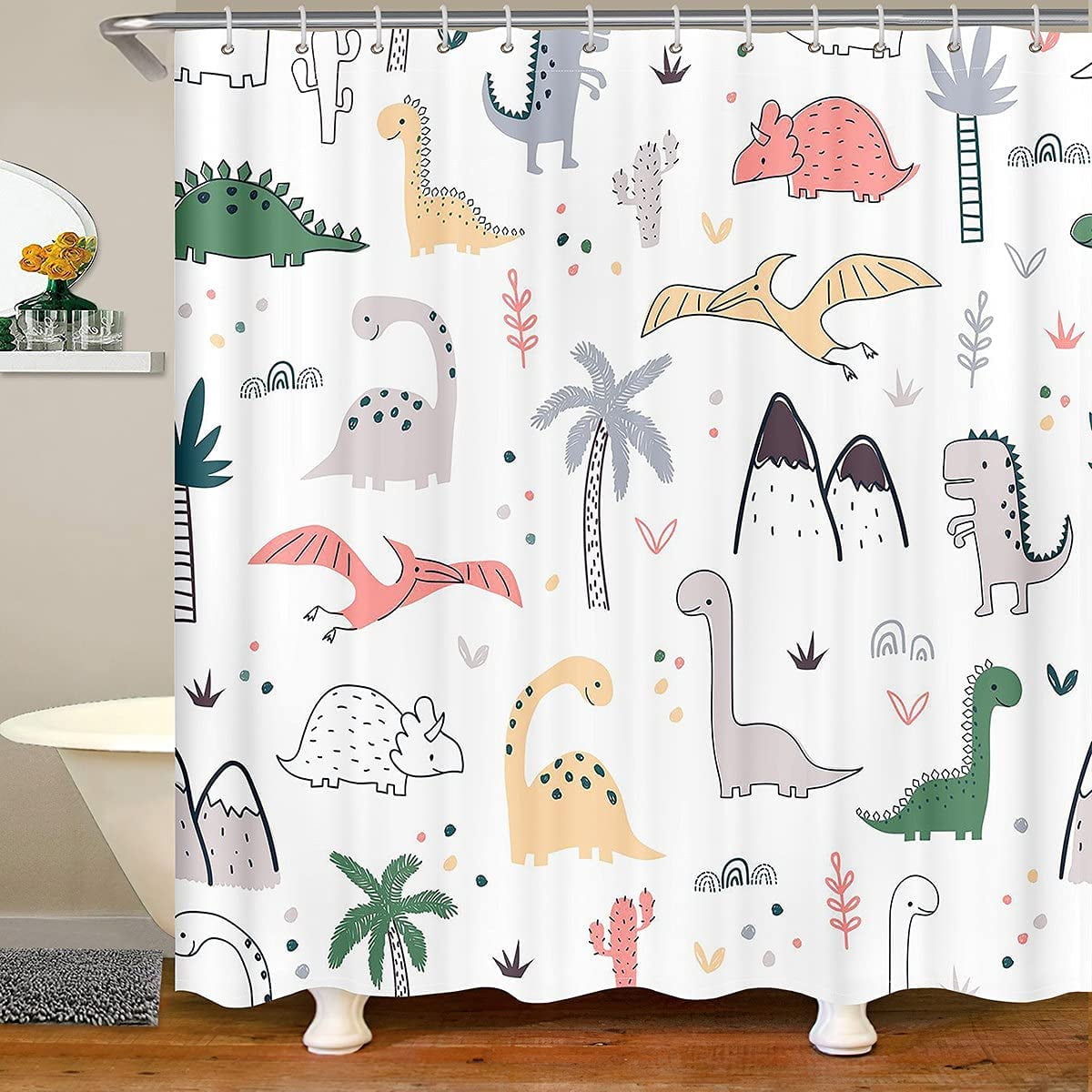 JOOCAR Toddler's Dinosaur Shower Curtain Set, Waterproof, QuickDrying