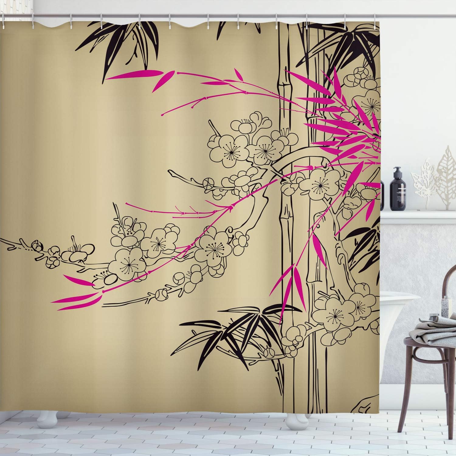 JOOCAR Bamboo Print Shower Curtain, Asian Stems Branches Flowers