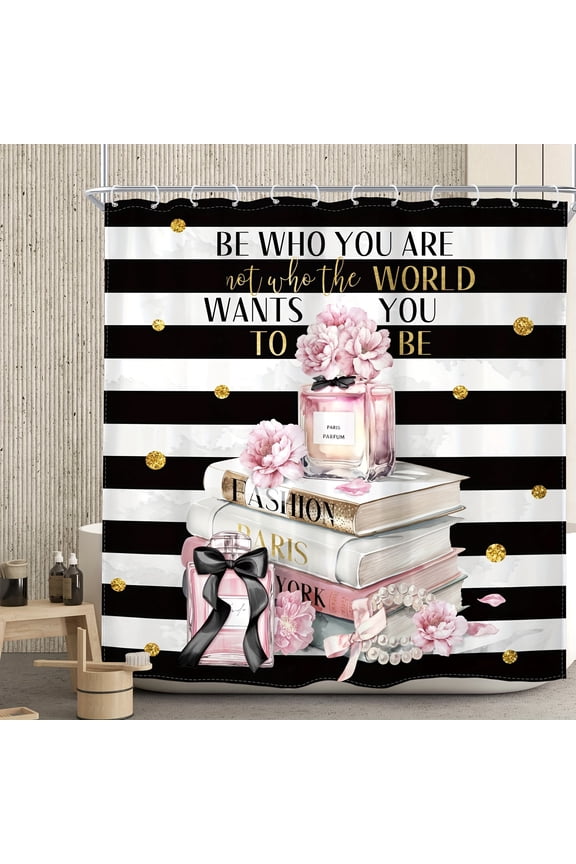Be Who You Are Fashion Books Pink Flowers Black White Stripes Polyester Shower Curtain for Home Bathroom Bath Tub Decoration 72x72 inch