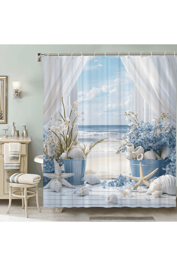 Beach Scene Polyester Shower Curtain with Seashells and Starfish Design for Home Bathroom Bath Tub Decoration 72x72 inch