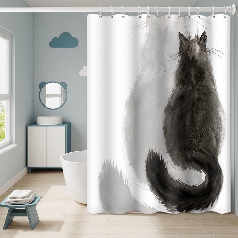 JOOCAR Black Cat Shower Curtain for Kids Bathroom Funny Cat Back Shadow Kitten Animal Decor