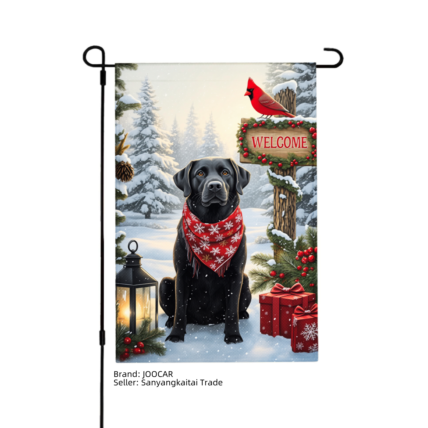 JOOCAR Black Labrador Christmas Garden Flag with Red Scarf Snowy Scene