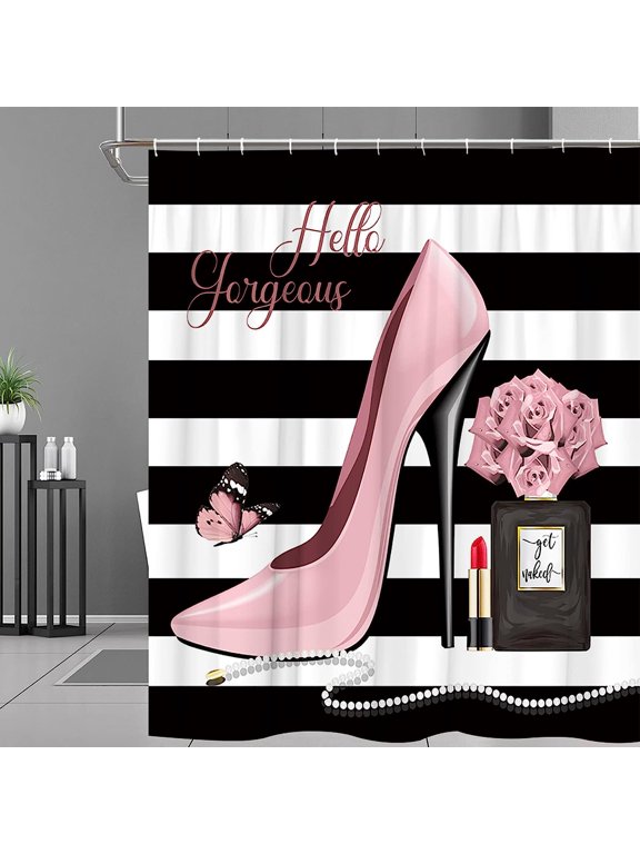 Black Perfume Flower Shower Curtain Fashion Girl Lady Pink High Heel Lipstick Rose Floral Romantic Black White Stripe Bathroom Decor Curtains Polyester Fabric with Hooks 72x72inch