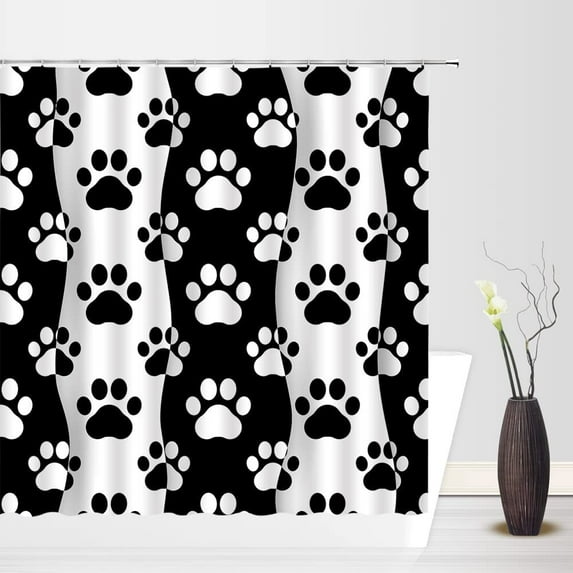 JOOCAR Black White Shower Curtain Cartoon Cat Kitty Kitten Dog Paw Print Funny Pattern for Pet Lovers Modern Creative Bathroom Fabric Curtain Sets with Hooks 72x72inch