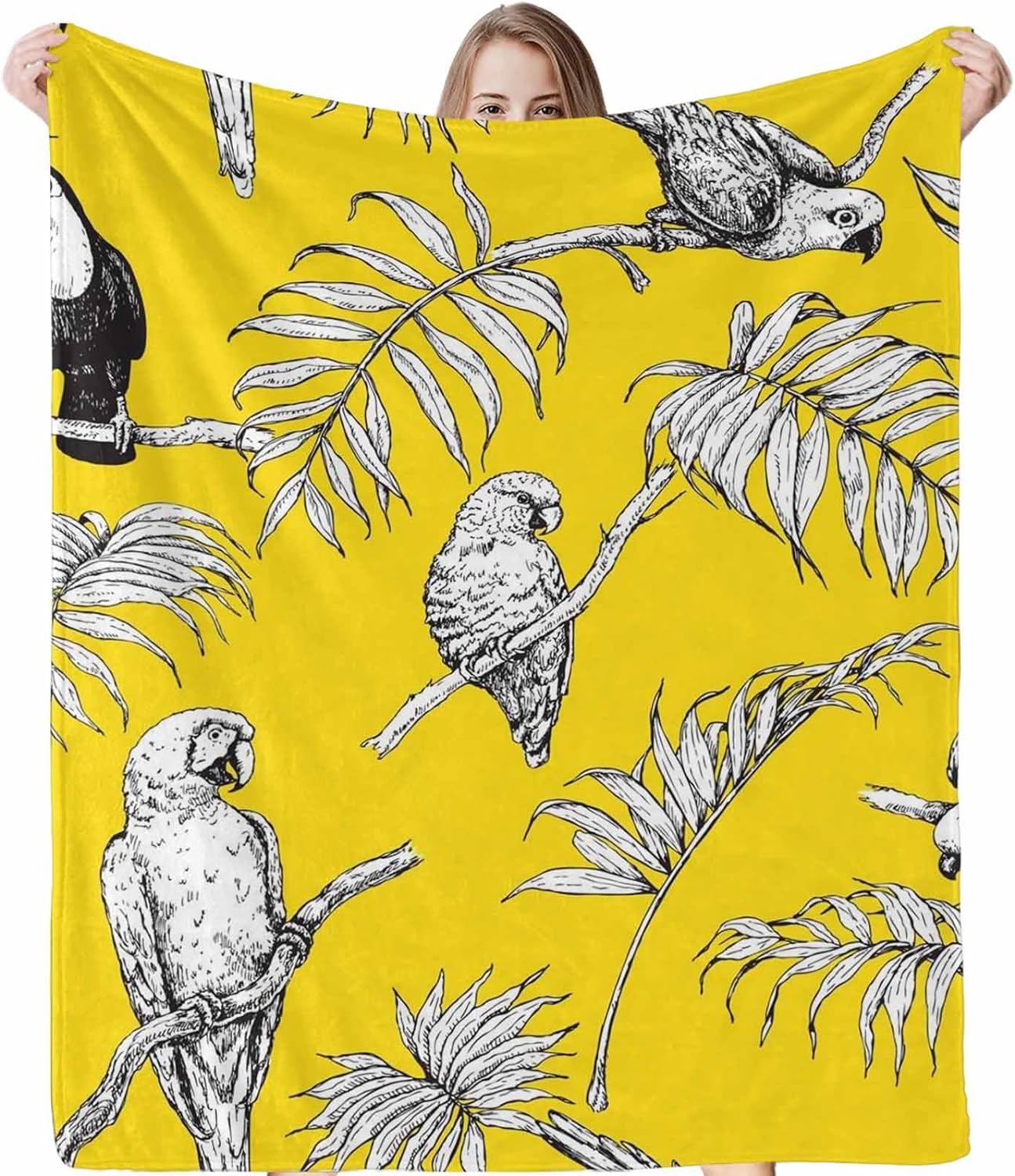 JOOCAR Black and White Parrot Bedding Fleece Blanket for All Season Fleece Queen Size Blankets