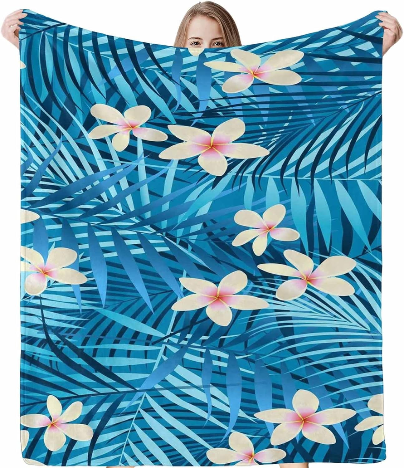 JOOCAR Blue Frangipani Fleece Queen Size Blankets Washed Soft
