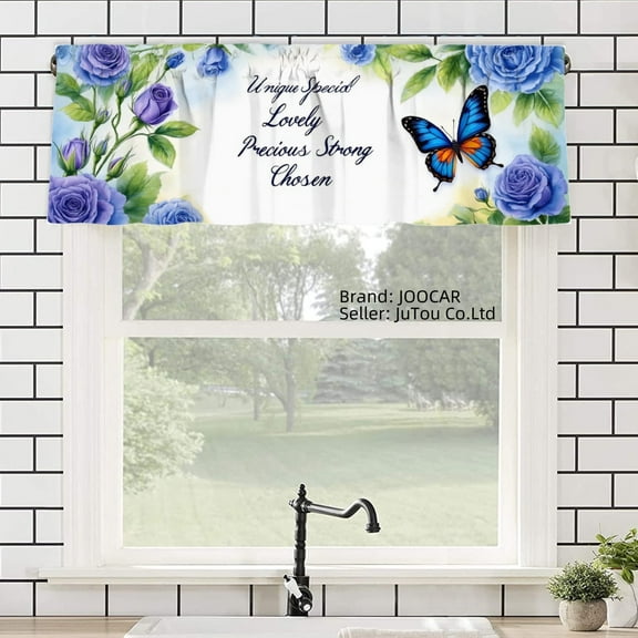 JOOCAR Blue Rose Butterfly Polyester Window Valance Curtain for Home Kitchen Living Room Bedroom Bathroom Decor 54x18 inch
