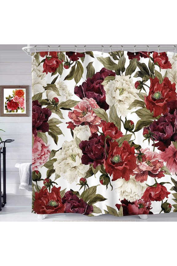 Burgundy Floral Shower Curtain Polyester with Hooks Waterproof Washable 72x72 inch