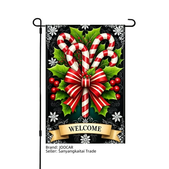 JOOCAR Candy Cane Holly Bow Welcome Garden Flag for Winter Christmas Home Outdoor Garden Yard Door Decor 12x18 inch