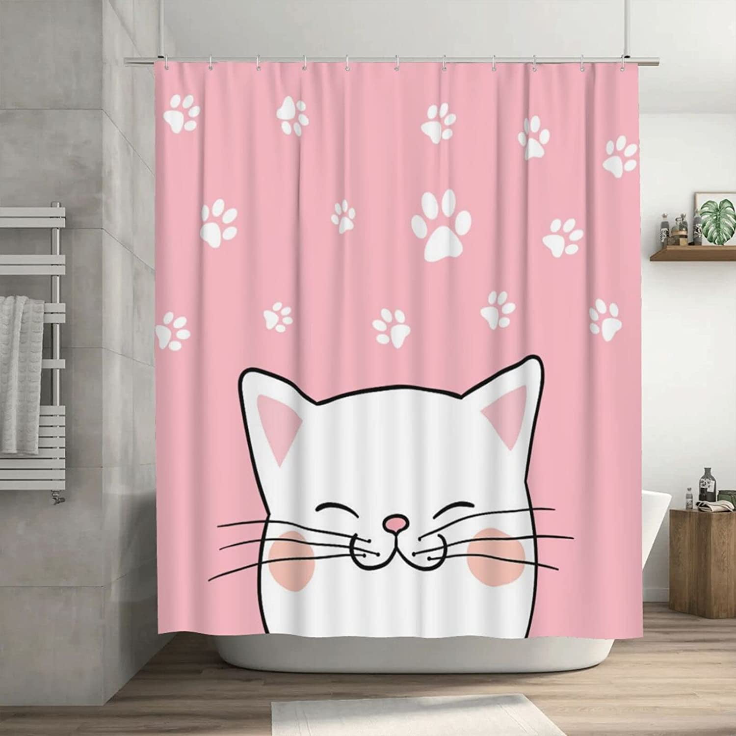 JOOCAR Cartoon Cat Shower Curtain Cute Claw Print Boho Shower Curtain Set  for Bathroom Pink Modern Farmhouse Fabric Waterproof Aesthetic Bathroom  Decor with 12 Hooks 72x72in 