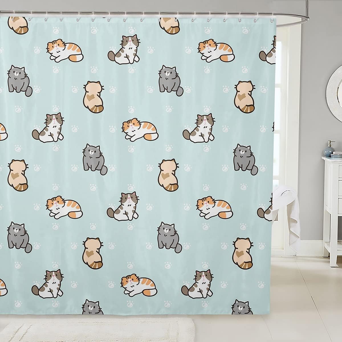 JOOCAR Cartoon Cat Shower Curtain for Kids Kawaii Cats Print Shower