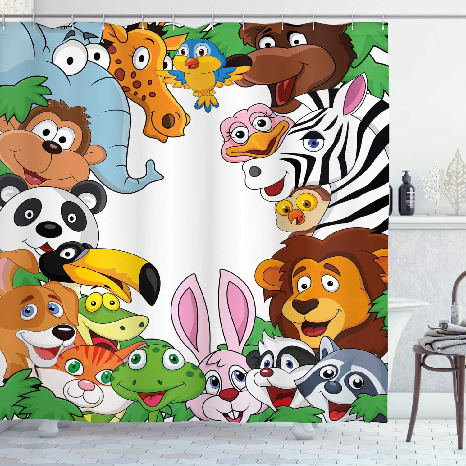 JOOCAR Cartoon Shower Curtain, Wild Jungle Animals Tropical Fauna