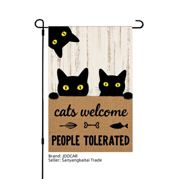 JOOCAR Cats Welcome People Tolerated Linen Garden Flag with Black Cats Peeking Design for Fall Autumn Home Outdoor Garden Yard Door Decor 12x18 inch