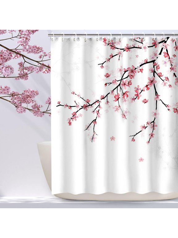 Cherry Blossom Shower Curtain with 12 Hooks Washable Polyester Fabric 72"x72" inch