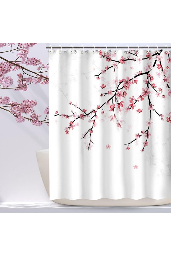 Cherry Blossom Shower Curtain with 12 Hooks Washable Polyester Fabric 72"x72" inch