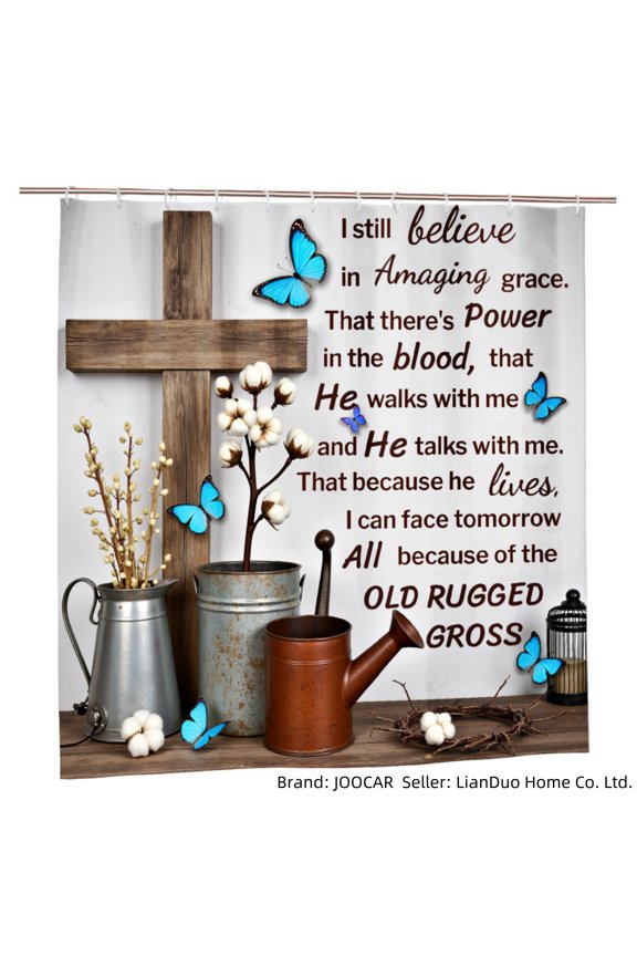 Christian Cross and Butterflies Shower Curtain with Amazing Grace Verse for Home Bathroom Bath Tub Decoration 72x72 inch