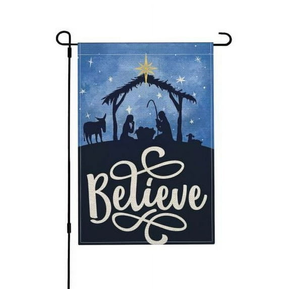JOOCAR Christmas Believe Jesus Garden Flag, Standard Size: 18 x 12, Double Sided Design Hessian Made of High Quality Material Fits Most Standard Flagpoles Christmas Holiday Yard Outdoor Decoration