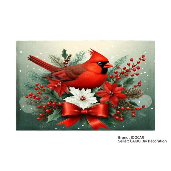 JOOCAR Christmas Cardinal and Poinsettia Design Linen Table Mats Set of 4 for Home Kitchen Table Decor 12x18 inch
