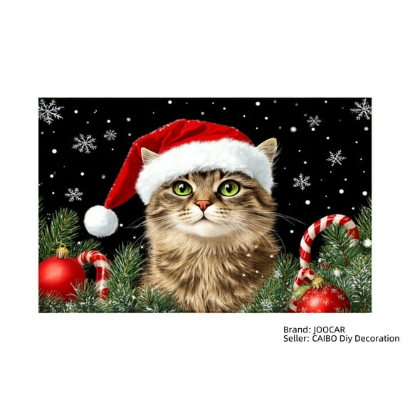 JOOCAR Christmas Cat with Santa Hat and Holiday Decor Linen Table Mats Set of 4 for Home Kitchen Table Decor 12x18 inch