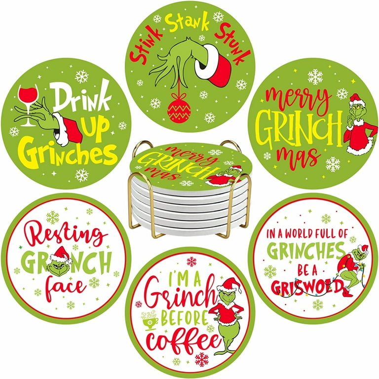 JOOCAR Christmas Coasters, Fun Green Christmas Grinch for Home Kitchen  Table Bar Decor Housewarming Gift Coasters Set of 6 