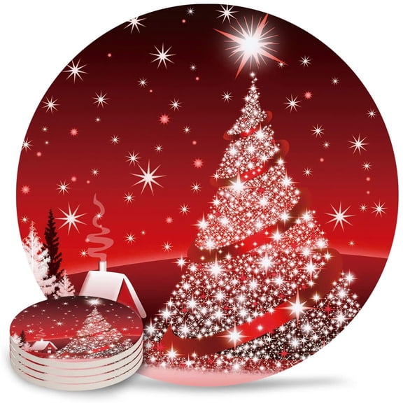 JOOCAR Christmas Coasters, Red Christmas Tree Shiny for Home Kitchen Table Bar Decor Housewarming Gift Coasters Set of 4