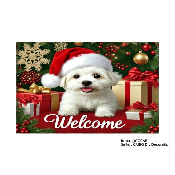 JOOCAR Christmas Dog Welcome Holiday Scene Linen Table Mats Set of 4 for Home Kitchen Table Decor 12x18 inch