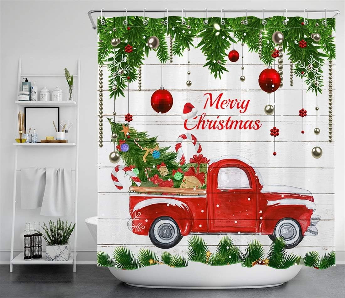 JOOCAR Christmas Farmhouse Shower Curtain Red Truck Shower Curtains for Bathroom Xmas Balls Pine