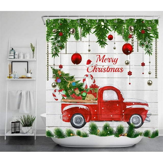 JOOCAR Christmas Farmhouse Shower Curtain Red Truck Shower Curtains for