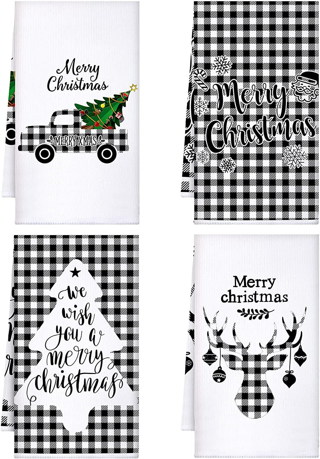 Tidings&Traditions Set Of 4 Holiday Kitchen Towels, Christmas, Black/White/Gold