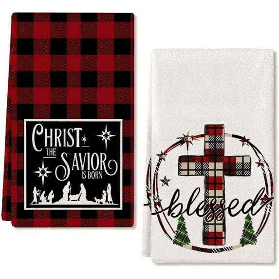JOOCAR Christmas Kitchen Towel, Red and Black Buffalo Plaid Christ Cross Christmas Tree Christmas Towel for Home Kitchen Festive Decoration Housewarming Gift Towel Set of 2