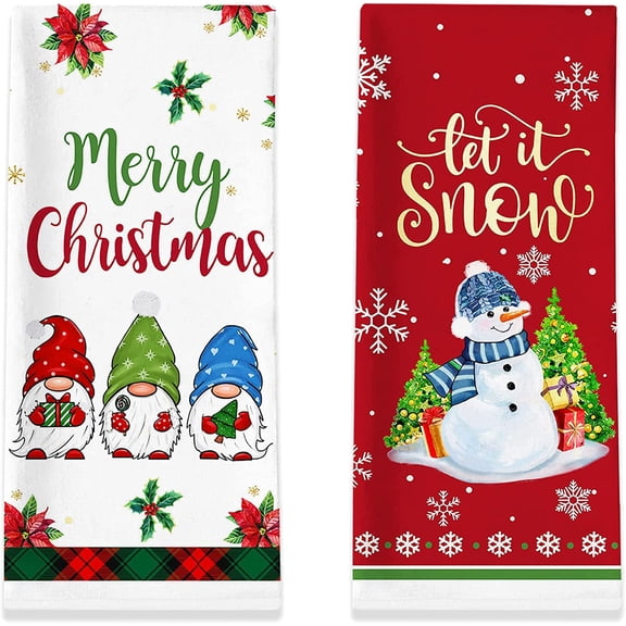 JOOCAR Christmas Kitchen Towel, Red and Green Buffalo Plaid Snowman Christmas Gnome Poinsettia Christmas Tree Christmas Towel for Home Kitchen Festive Decoration Housewarming Gift Towel Set of 2