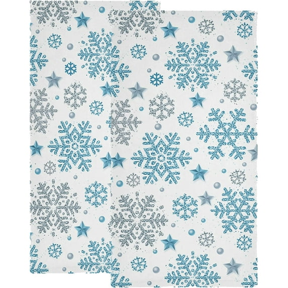 JOOCAR Christmas Kitchen Towels, White Blue Snowflake Stars Sparkling Christmas Towels, Suitable for Home Kitchen Holiday Decoration Housewarming Gift Towel Set of 2